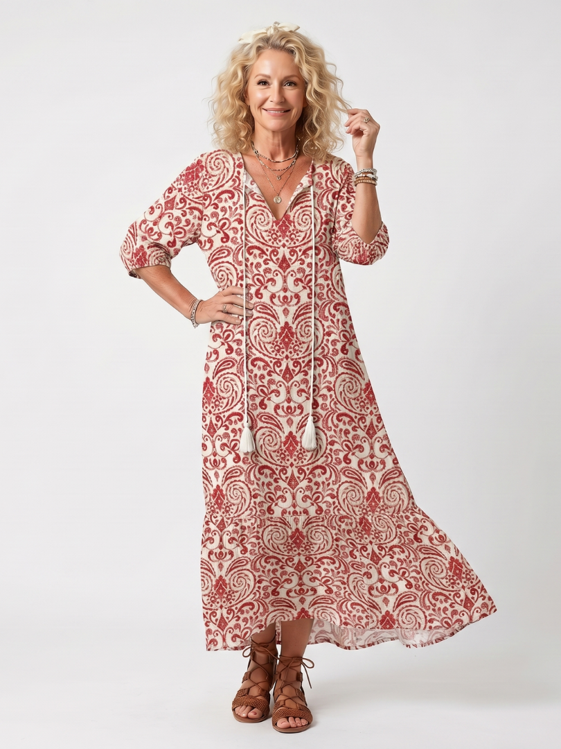 Abito Midi con Stampa Ornamentale e Fiocchi