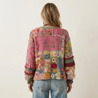Viola - cardigan patchwork con ricami floreali, dettaglio